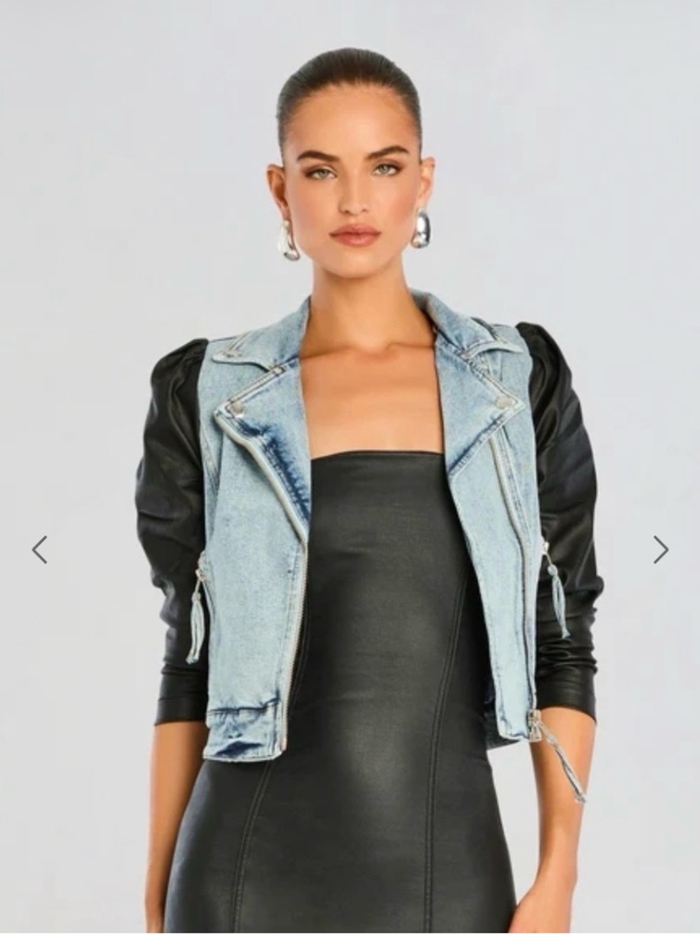 Retrofit Two-Tone Denim Moto Jacket in Light Blue and Black
